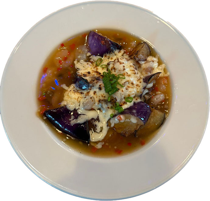 Baked Egg Plant with Prawn Meat & Cheese Gratin